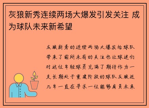 灰狼新秀连续两场大爆发引发关注 成为球队未来新希望