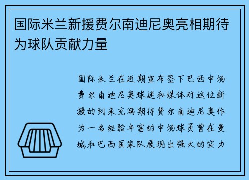 国际米兰新援费尔南迪尼奥亮相期待为球队贡献力量