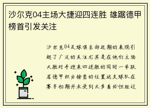 沙尔克04主场大捷迎四连胜 雄踞德甲榜首引发关注