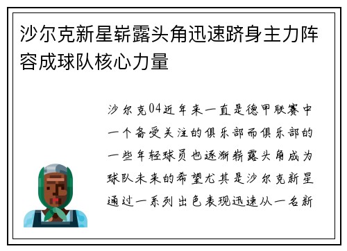 沙尔克新星崭露头角迅速跻身主力阵容成球队核心力量