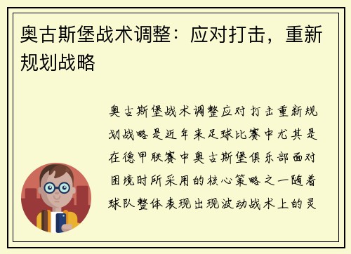 奥古斯堡战术调整：应对打击，重新规划战略