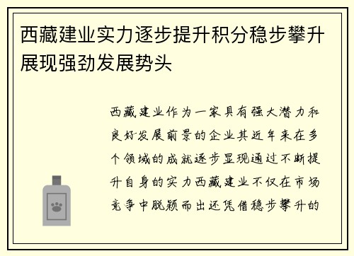 西藏建业实力逐步提升积分稳步攀升展现强劲发展势头